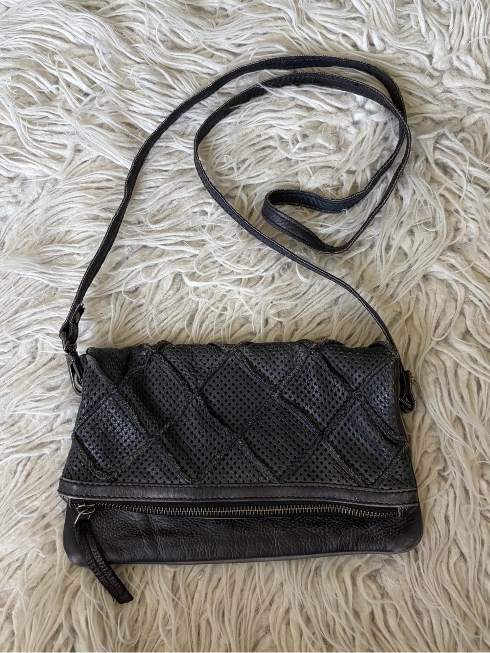 Anthropologie Sierra Perforated Leather Foldover Crossbody Black Grey Crossbody